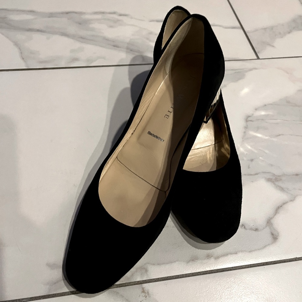 RON WHITE suede round toe gold mirror heel black shoes